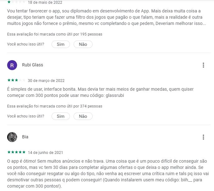 Comentários dos usuários do app Karma
